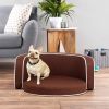 30" Brown Round Pet Sofa, Dog sofa, Dog bed, Cat Bed, Cat Sofa, with Wooden Structure and Linen Goods White Roller Lines on the Edges Curved Appearanc