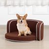 30" Brown Round Pet Sofa, Dog sofa, Dog bed, Cat Bed, Cat Sofa, with Wooden Structure and Linen Goods White Roller Lines on the Edges Curved Appearanc